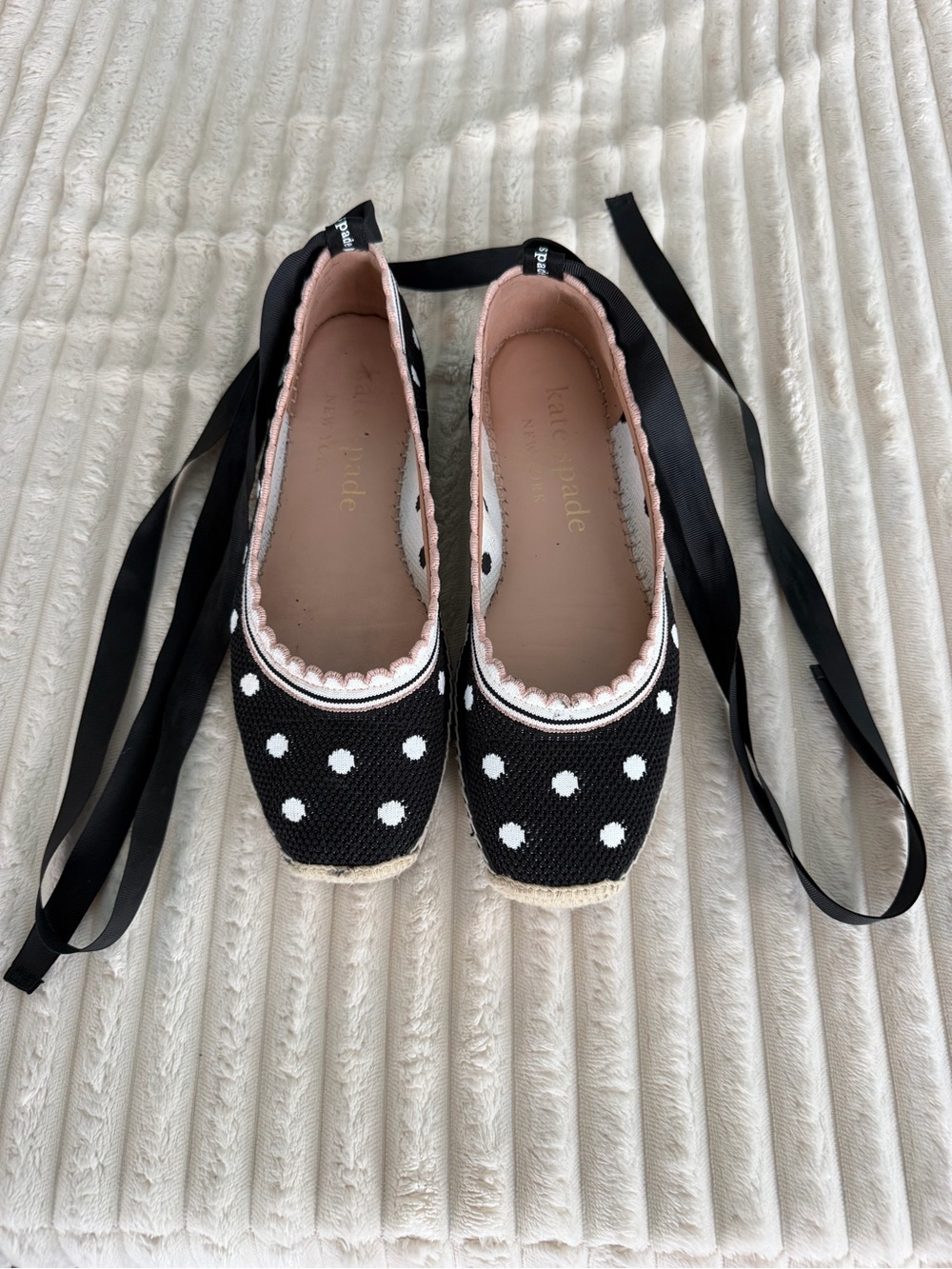 kate spade Black Polka Dot Espadrille Ballet Flats with Ribbon Ties